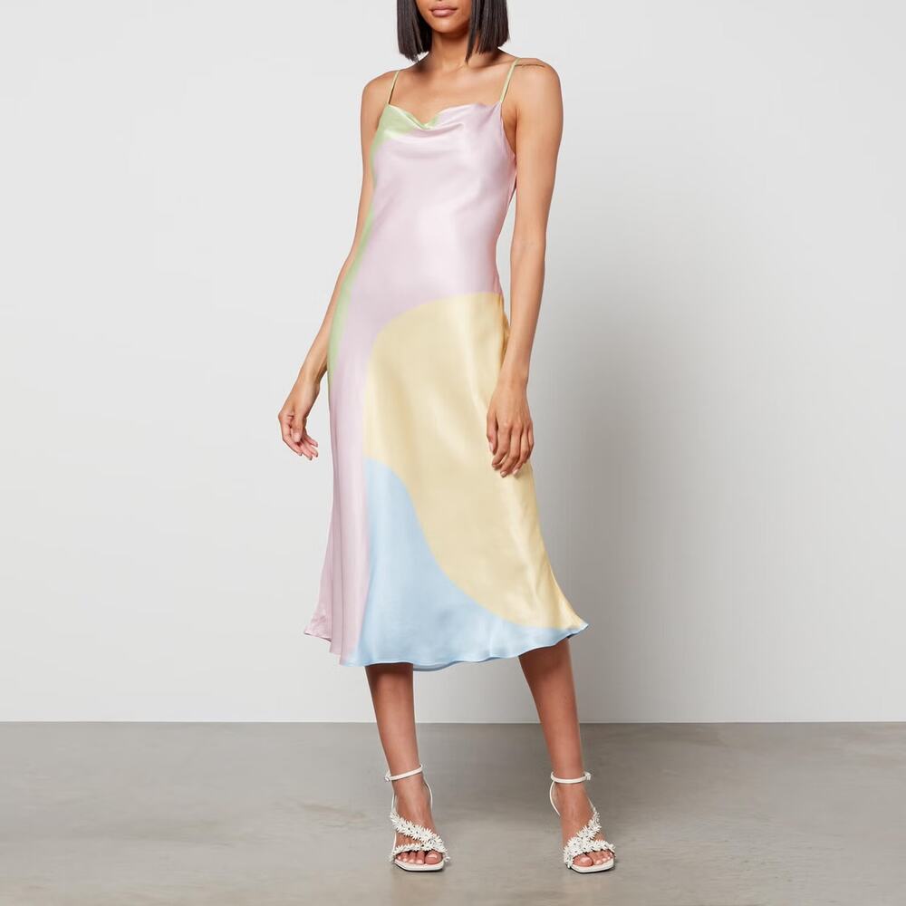 Olivia Rubin Aubrey Rainbow Color block Silk Sleeveless Slip Midi Cami Dress XS